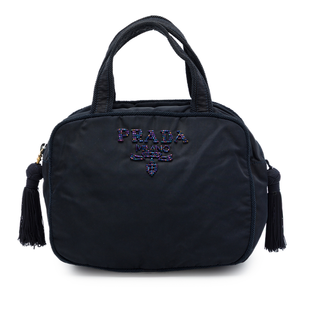 Pre-Loved Prada Tessuto Beaded Logo Tassel Handbag